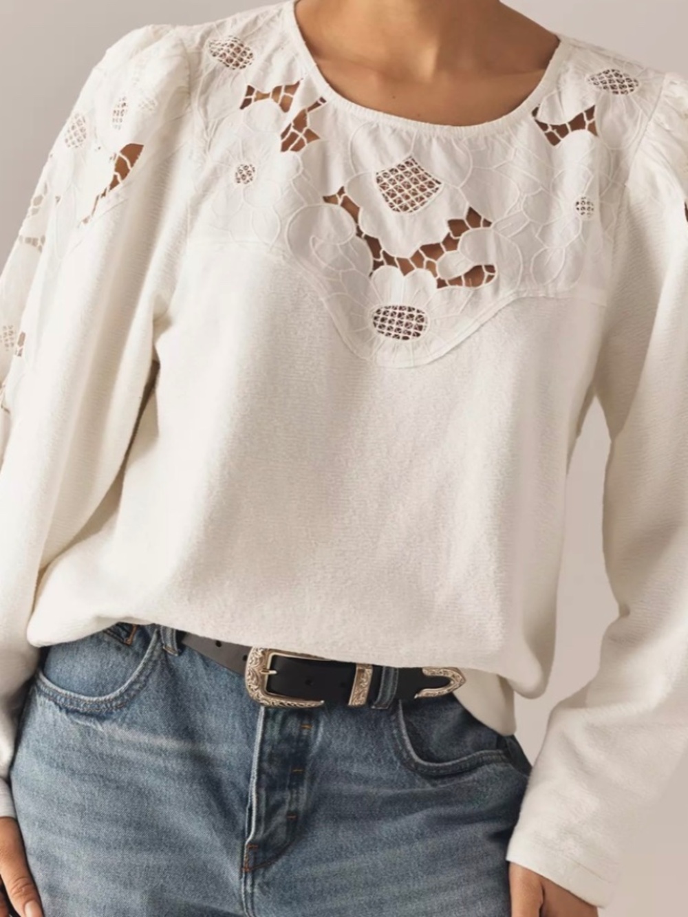 NWOT Cutwork Mutton-Sleeve Top - Picture 2 of 7